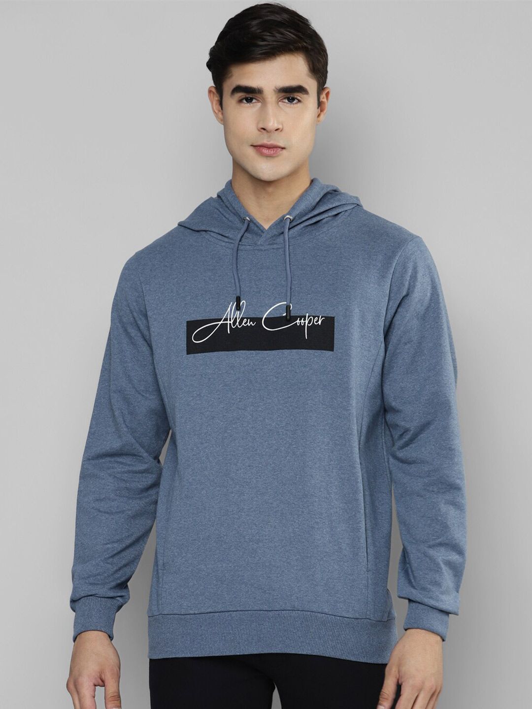  Allen Cooper Men Blue Printed Hooded Sweatshirt
