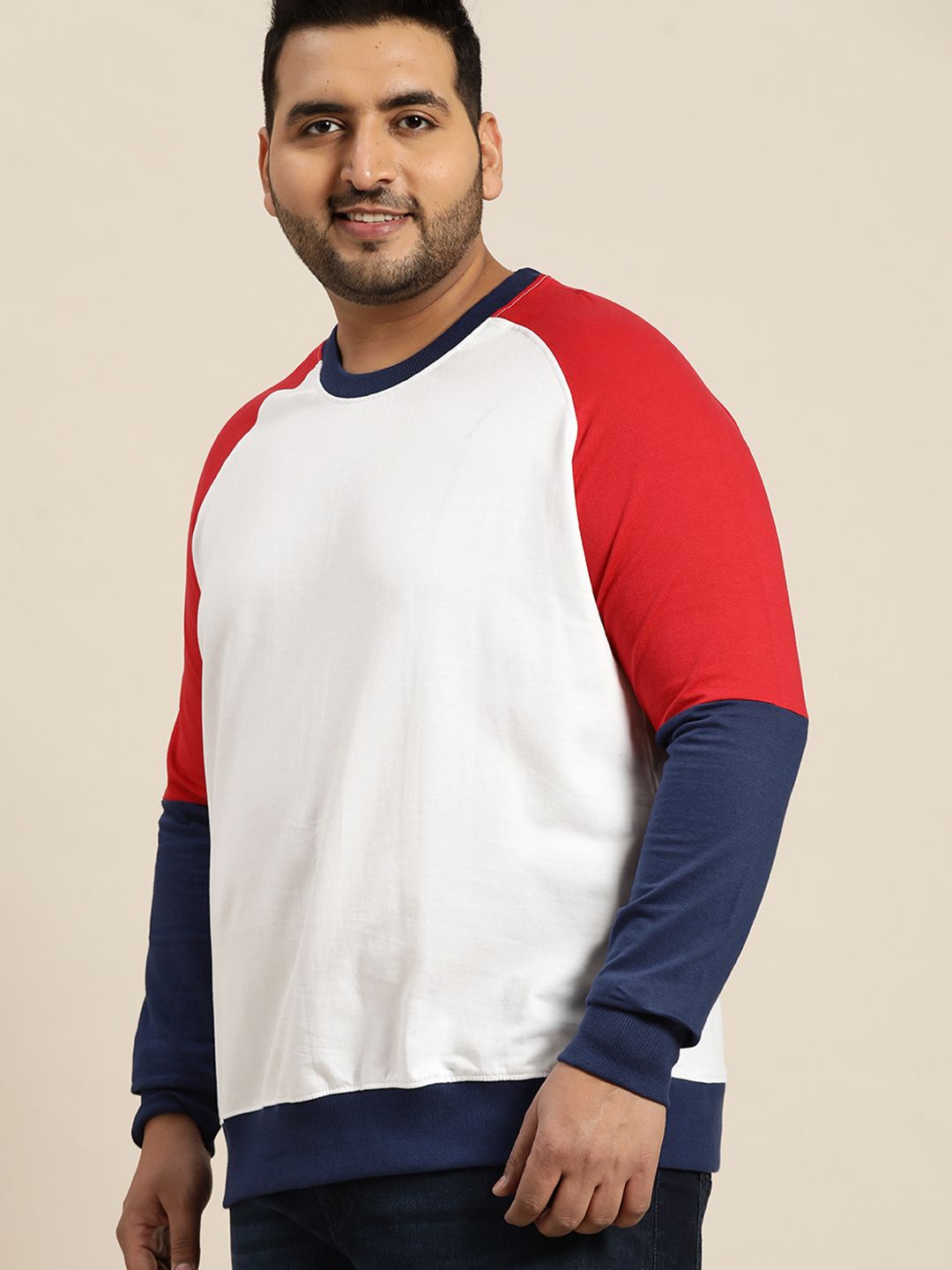  Sztori Plus Size Men White & Red Pure Cotton Solid Sweatshirt