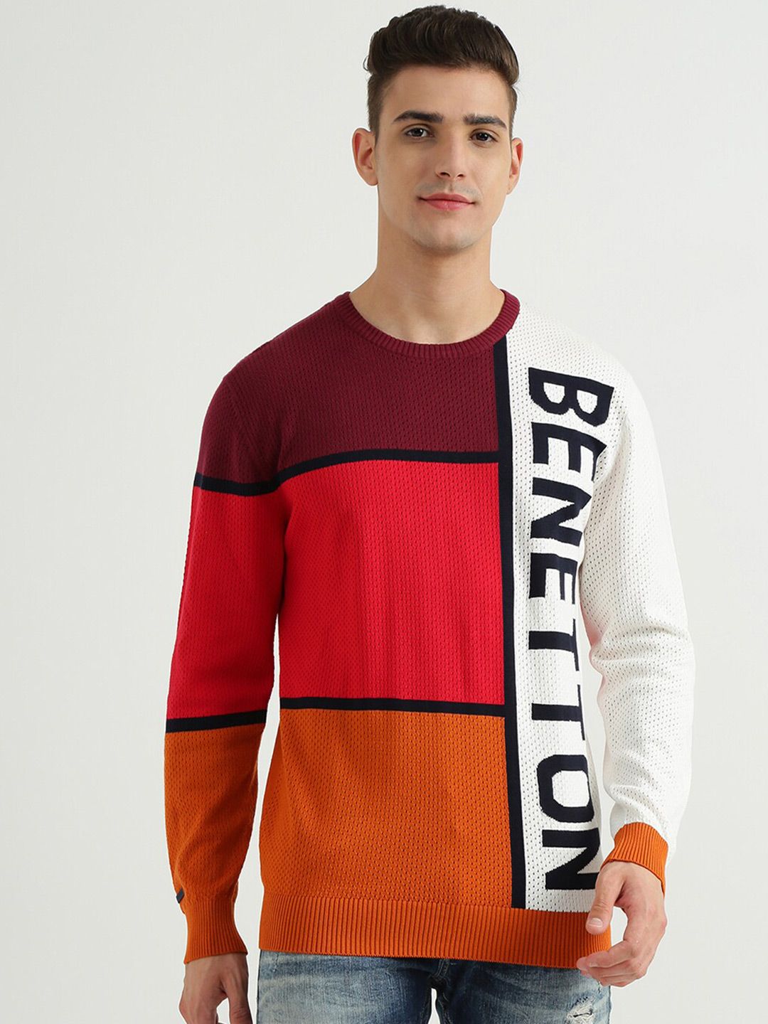  United Colors Of Benetton Men Red Colourblocked Sweatshirt