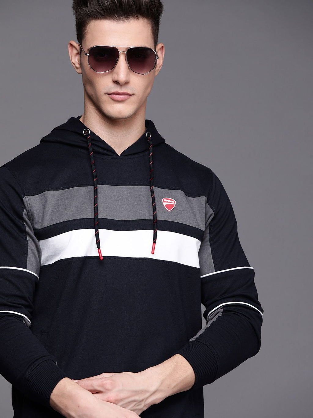  Ducati Men Navy Blue Striped Hooded Sweatshirt