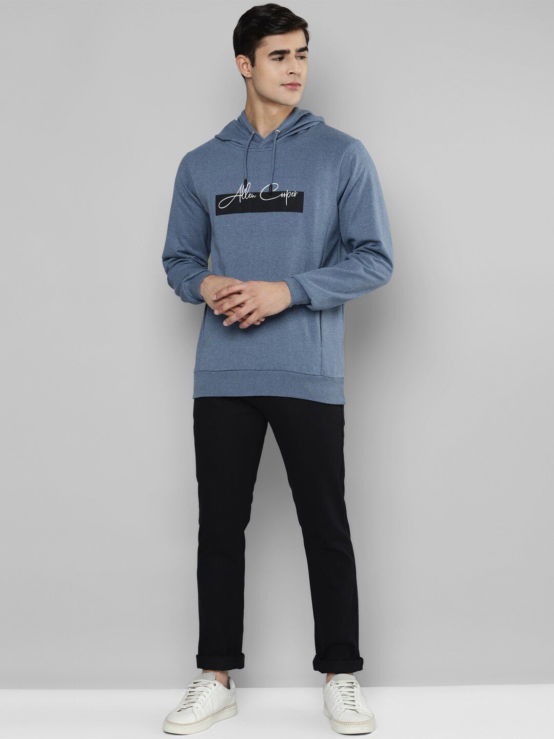  Allen Cooper Men Blue Printed Hooded Sweatshirt