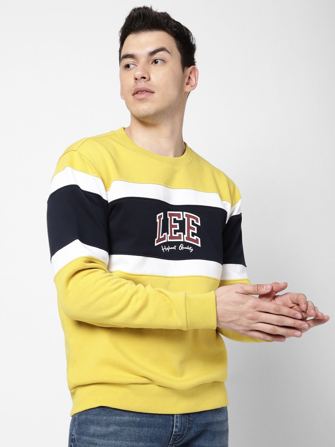  Lee Men Mustard Colourblocked Detachable Hood Cotton Sweatshirt