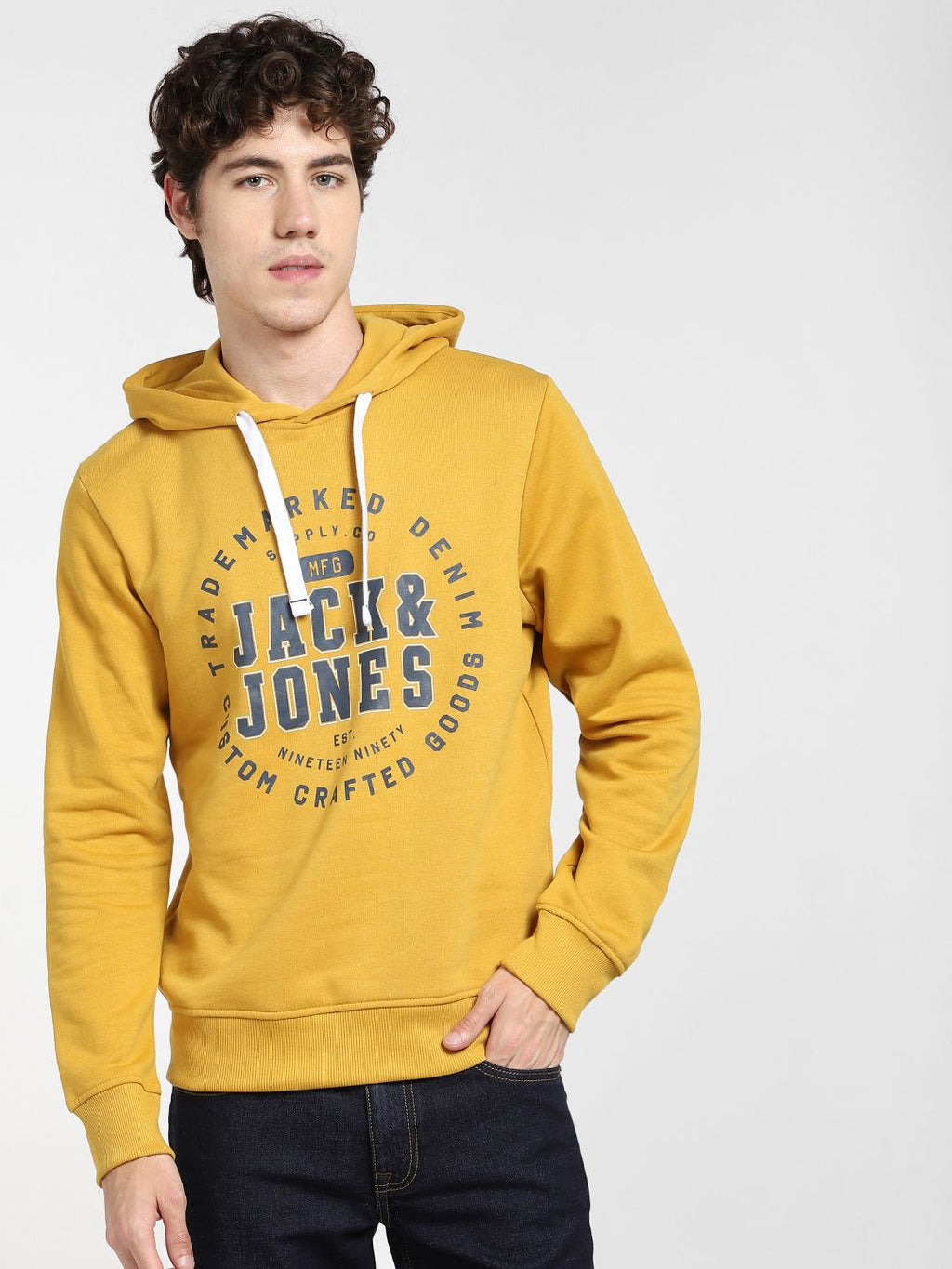  Jack & Jones Men Yellow Printed Hooded Sweatshirt