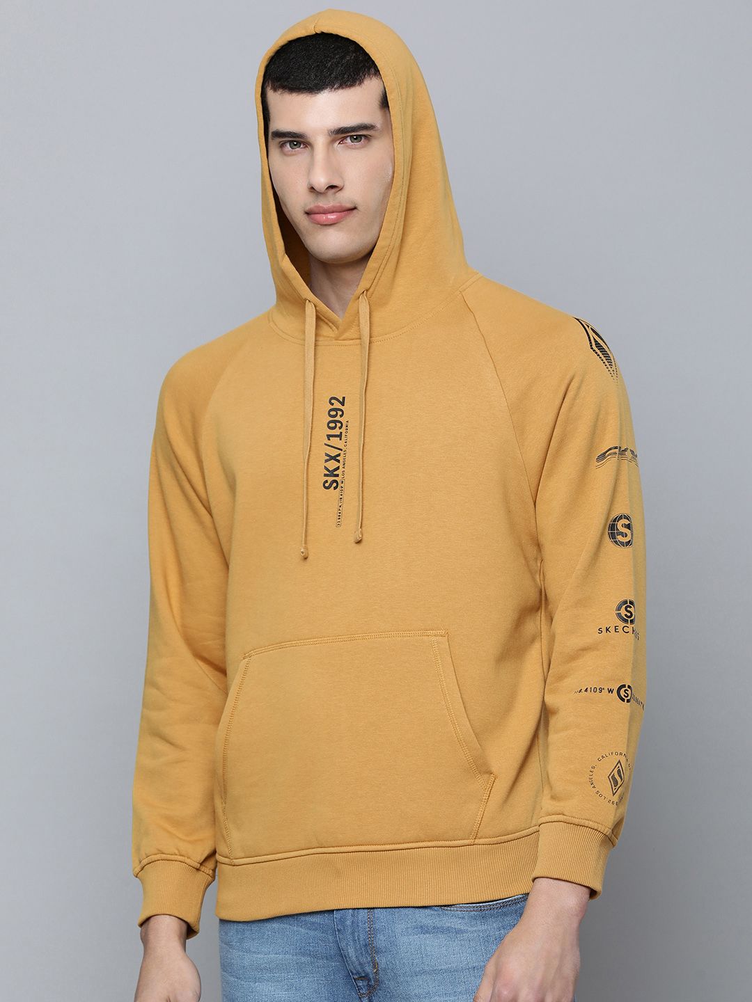  Skechers Men Mustard Yellow Typography Print SKX Varocity Hooded Pullover Sweatshirt