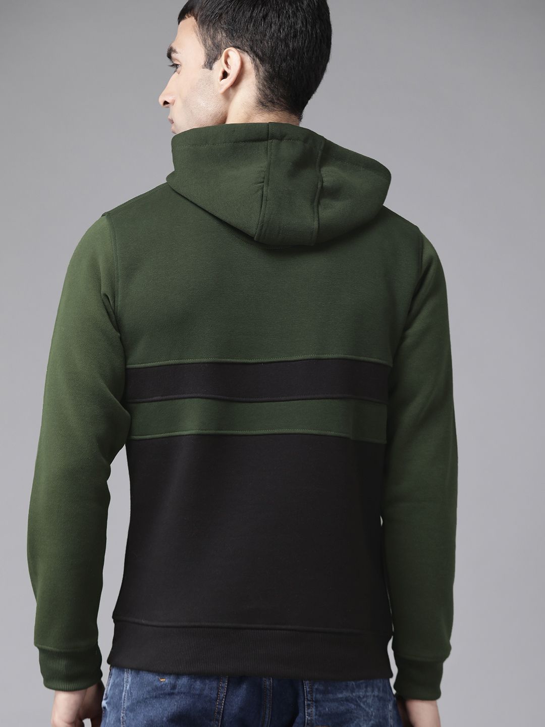  Roadster Men Olive Green & Black Colourblocked Hooded Sweatshirt