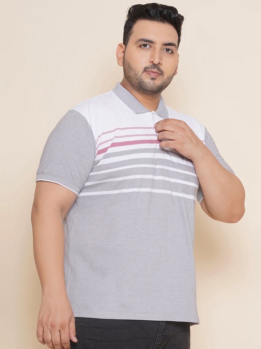  John Pride Plus Size Striped Polo Collar Pure Cotton T-shirt