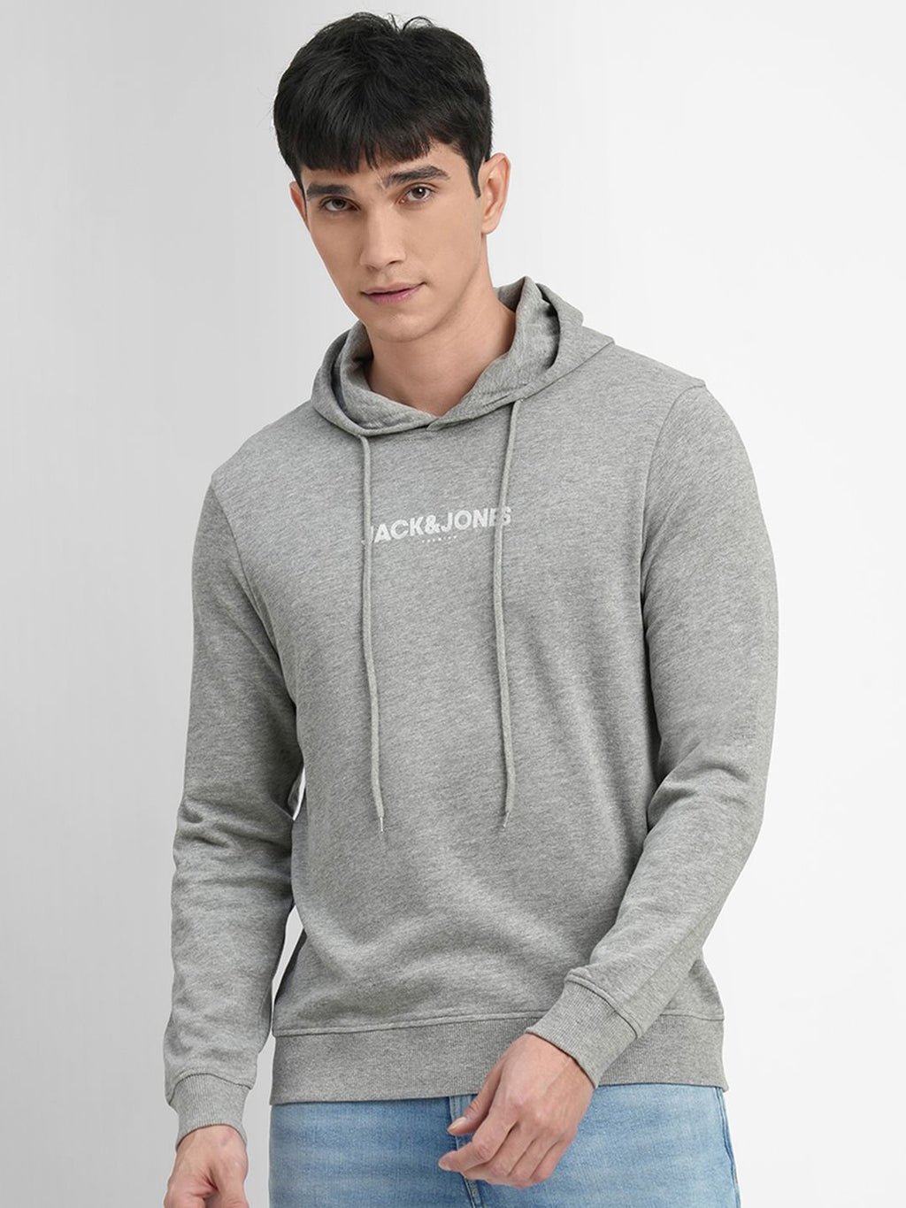  Jack & Jones Men Grey Melange Printed Hooded Sweatshirt