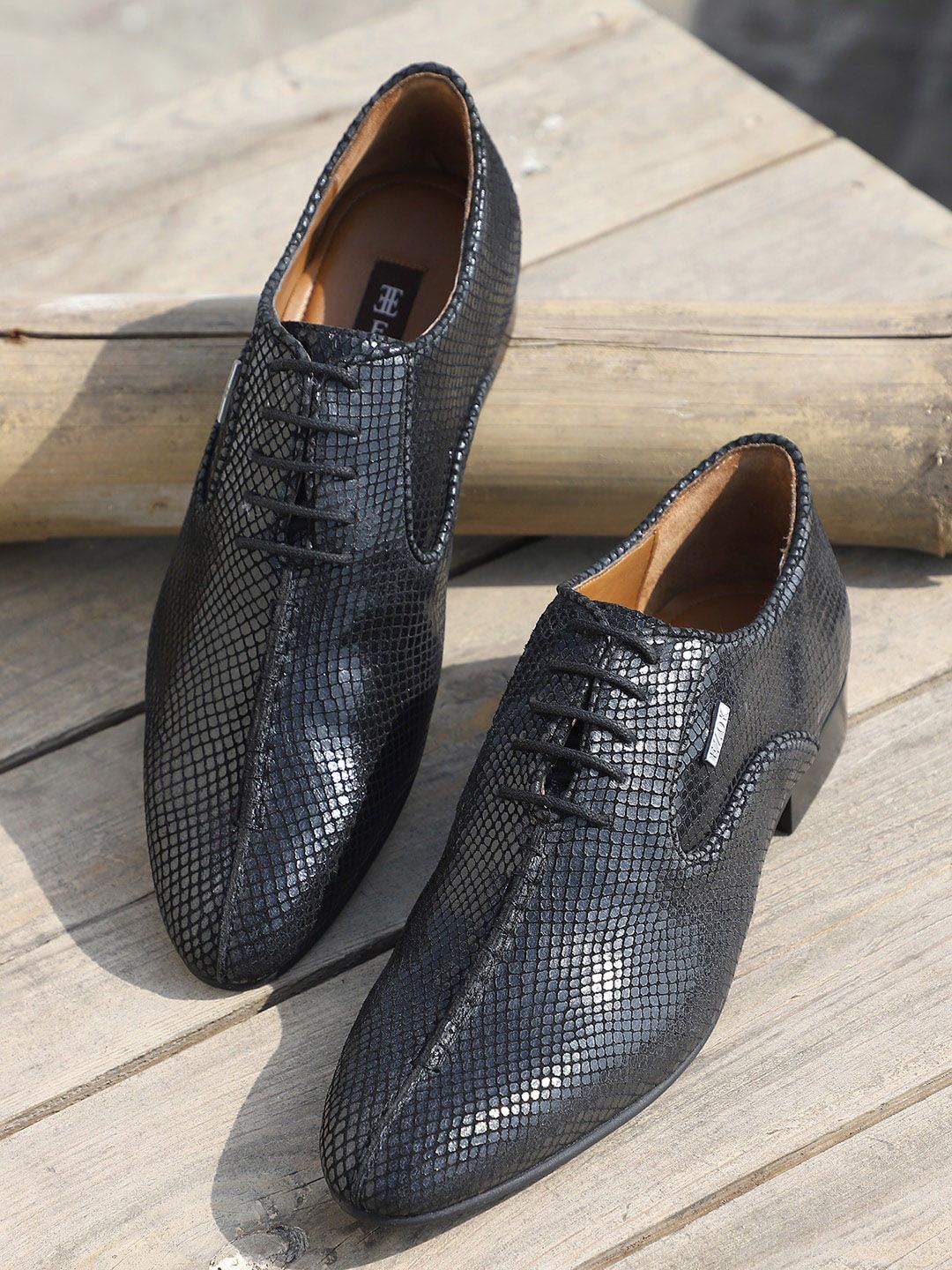  EZOK Men Black Textured Leather Formal Derbys