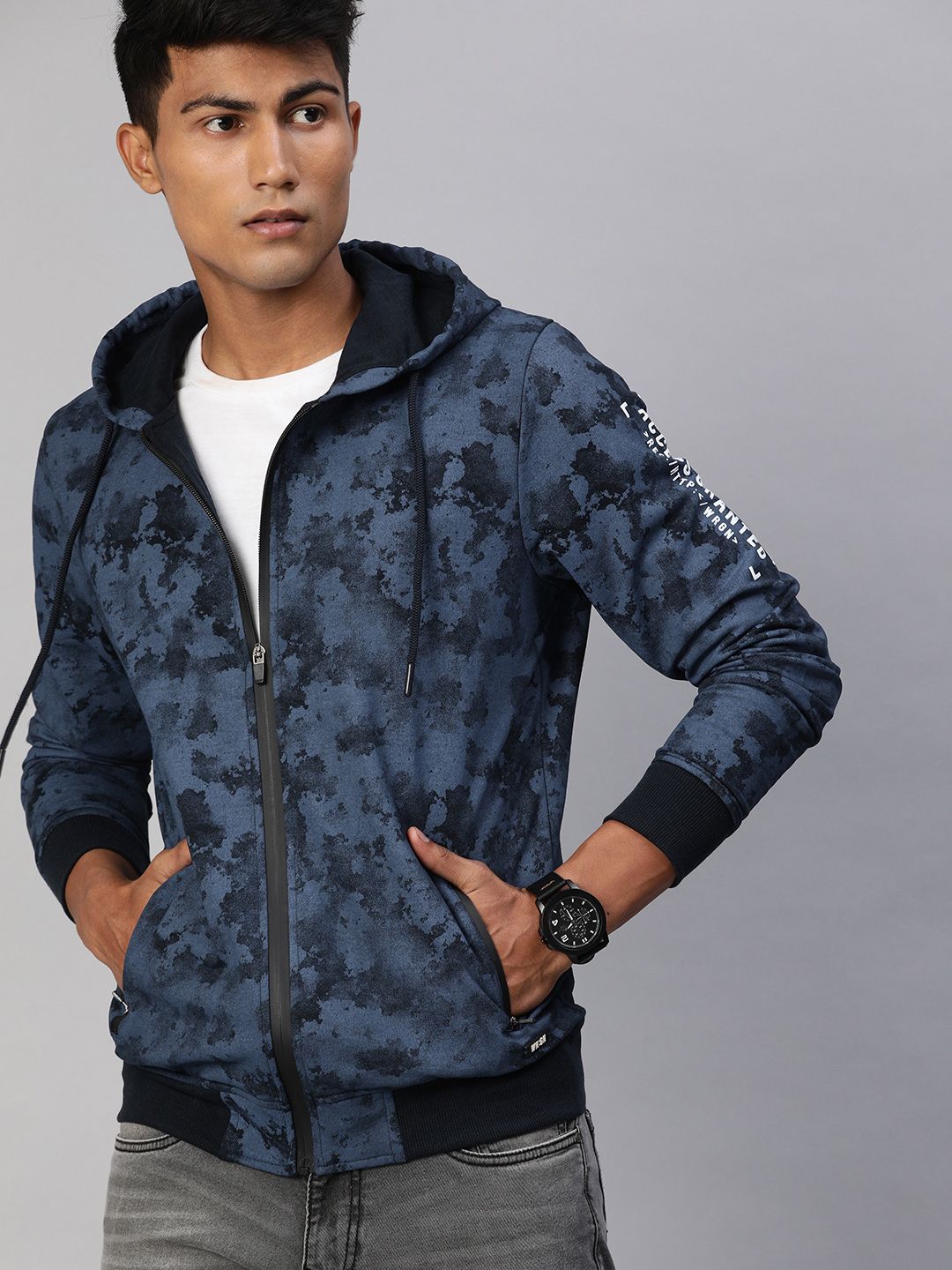  WROGN Men Navy Blue Slim Fit Printed Hooded Sweatshirt