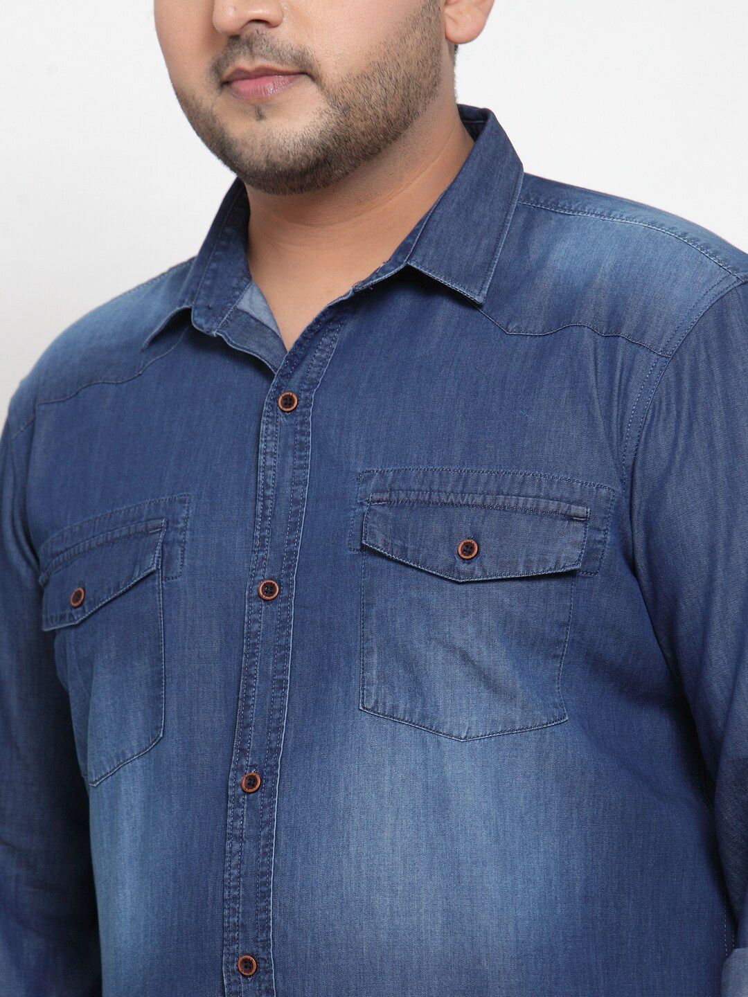  PlusS Men Blue Regular Fit Solid Casual Denim Shirt