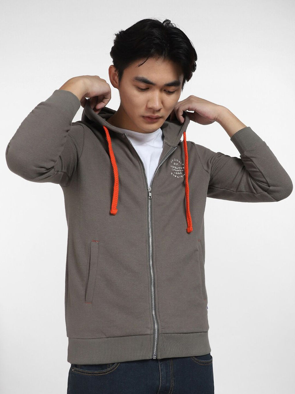  Jack & Jones Men Grey Hooded Front Open Sweatshirt