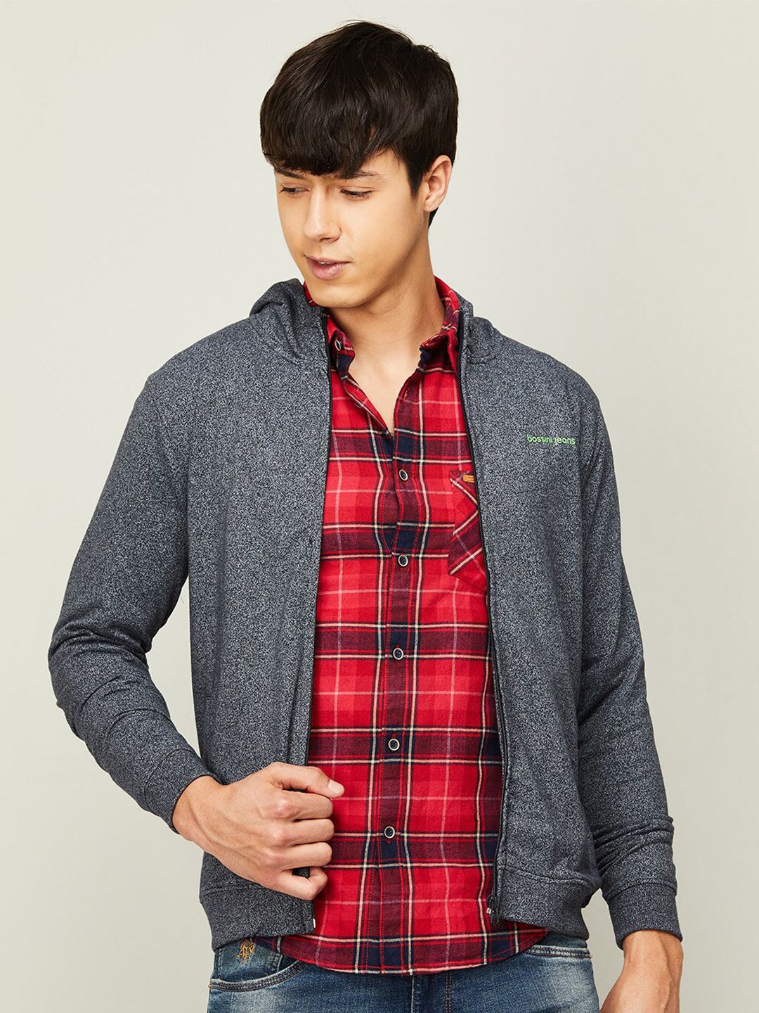  Bossini Men Charcoal Self Design Cotton Hooded Sweatshirt
