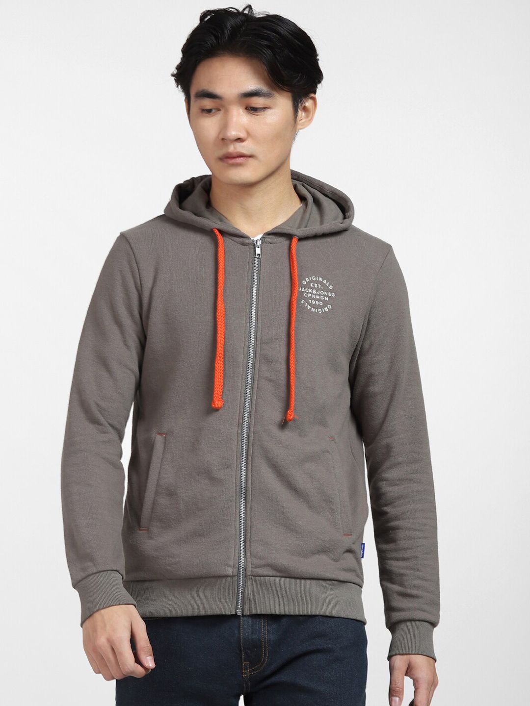  Jack & Jones Men Grey Hooded Front Open Sweatshirt