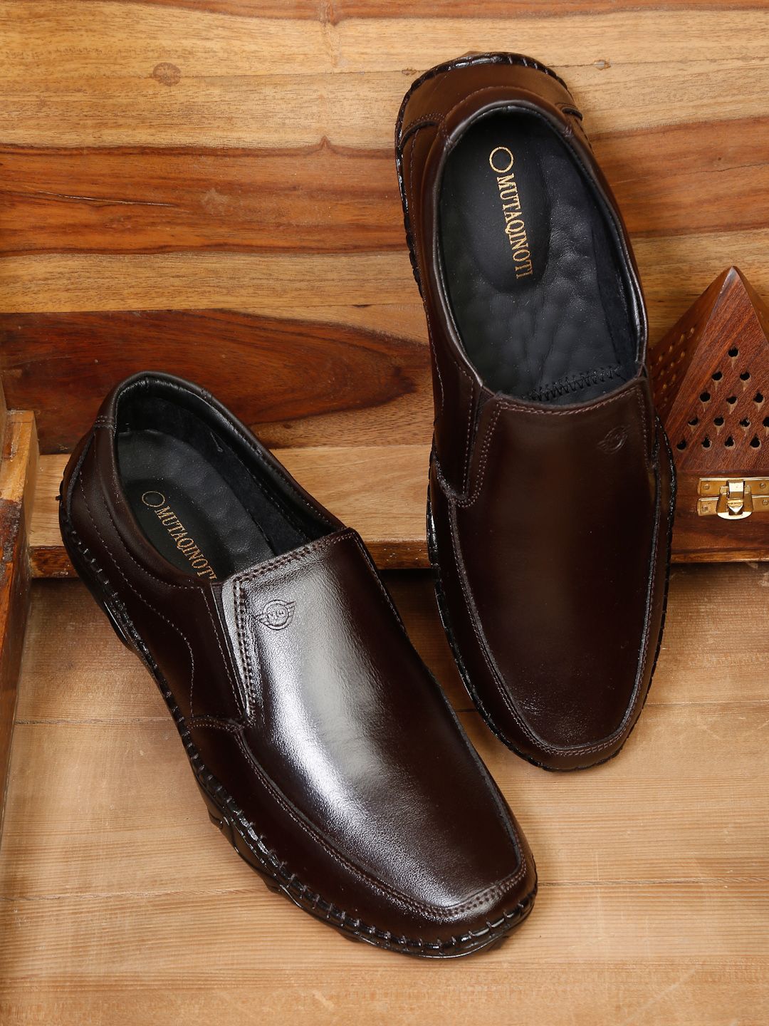  MUTAQINOTI Men Brown Solid Leather Formal Slip-On Shoes