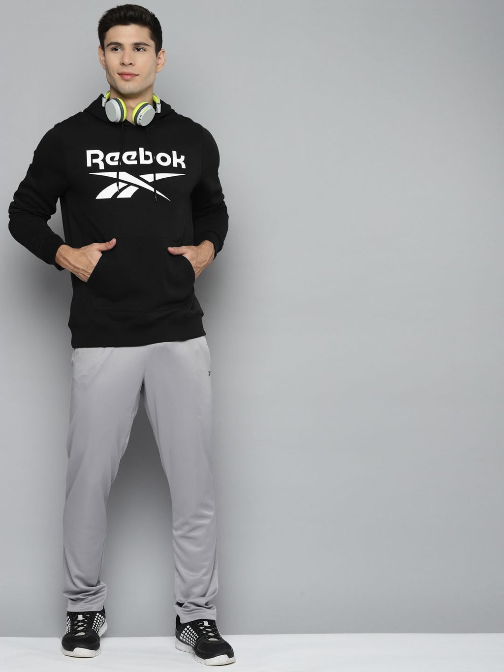  Reebok Men Black Printed Hooded Sweatshirt