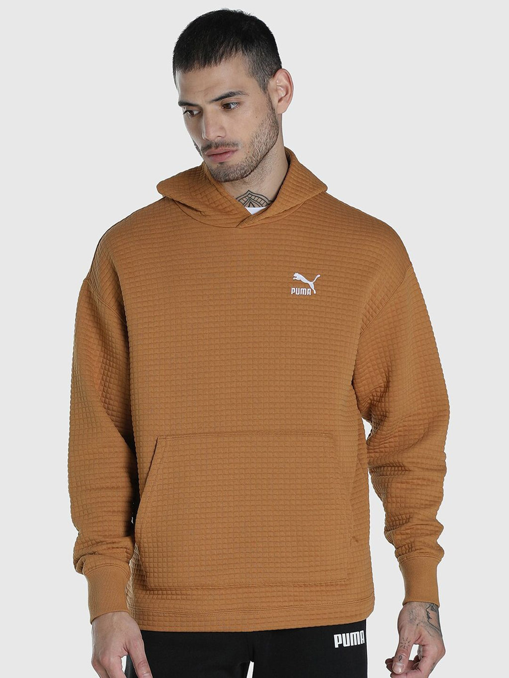  Puma Men Brown Checked Classics Quilted Relaxed Fit Hoodie Sweatshirt
