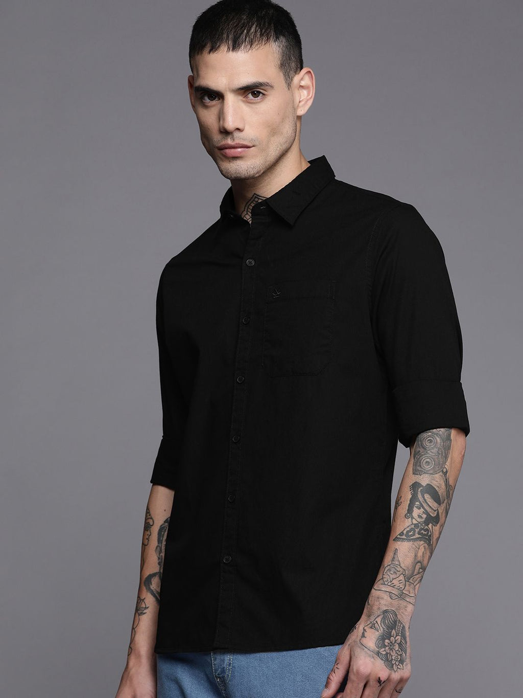  WROGN Men Black Solid Slim Fit Pure Cotton Casual Shirt