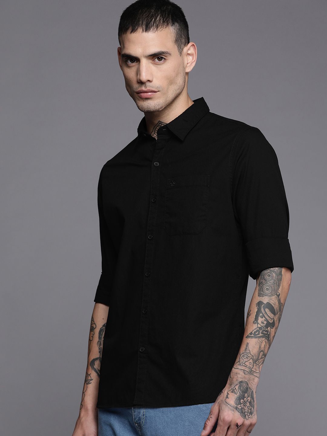  WROGN Men Black Solid Slim Fit Pure Cotton Casual Shirt