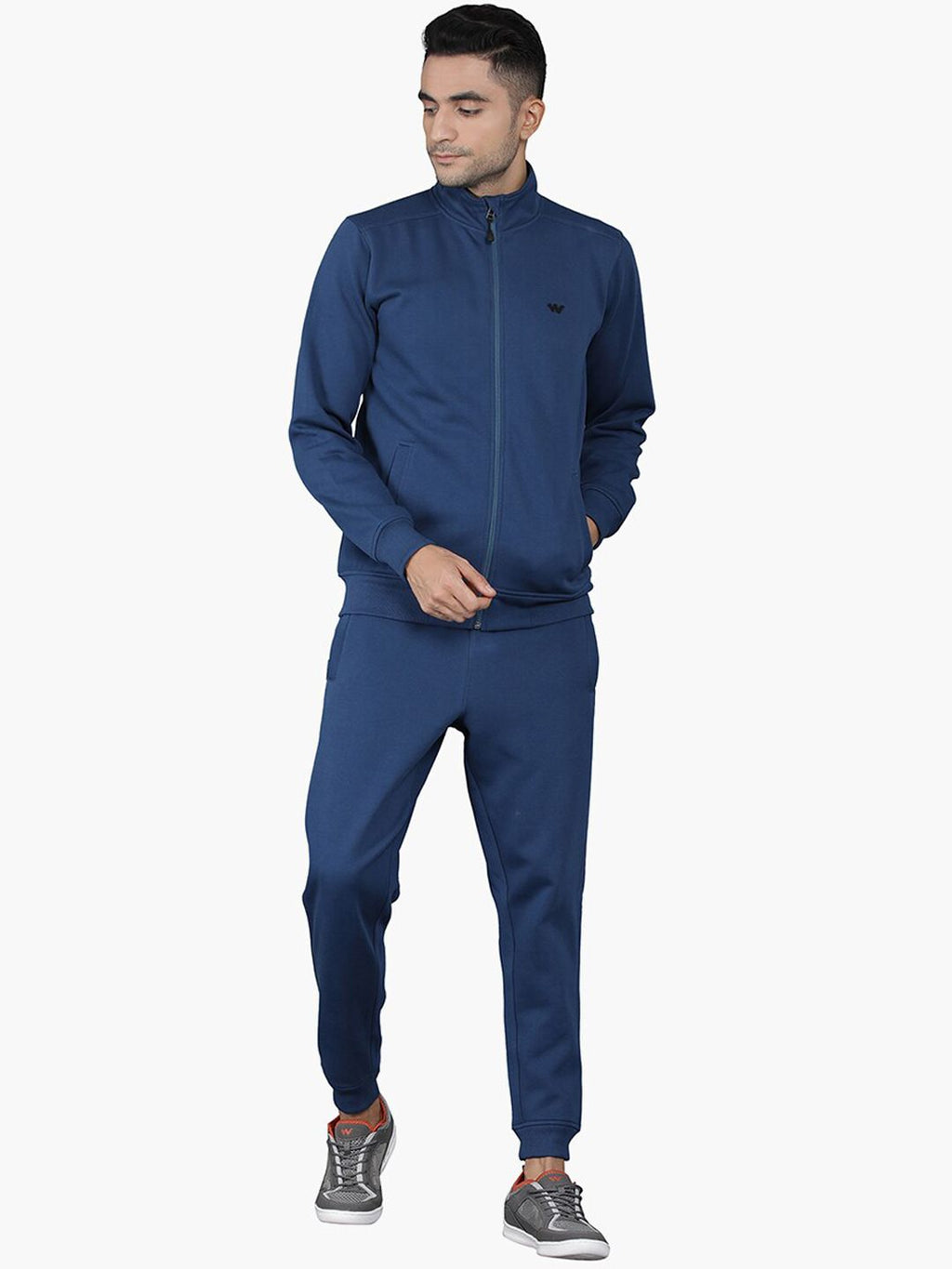  Wildcraft Men Navy Blue Brand Logo Print Ribbed Collar Relaxed-Fit Tracksuit