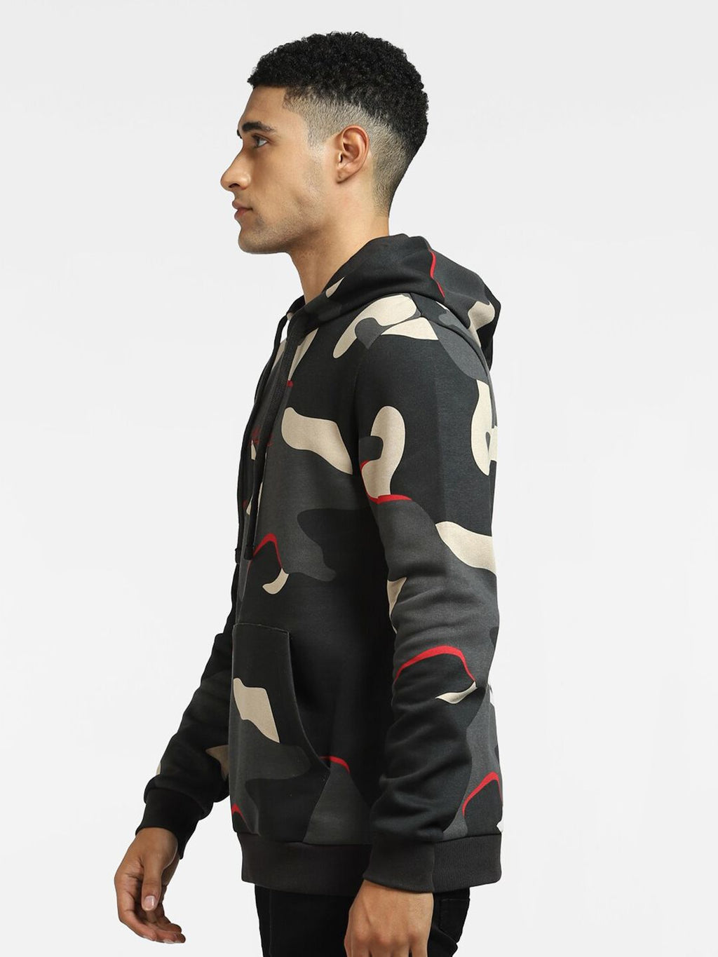  Jack & Jones Men Black & Grey Camouflage Printed Hooded Sweatshirt