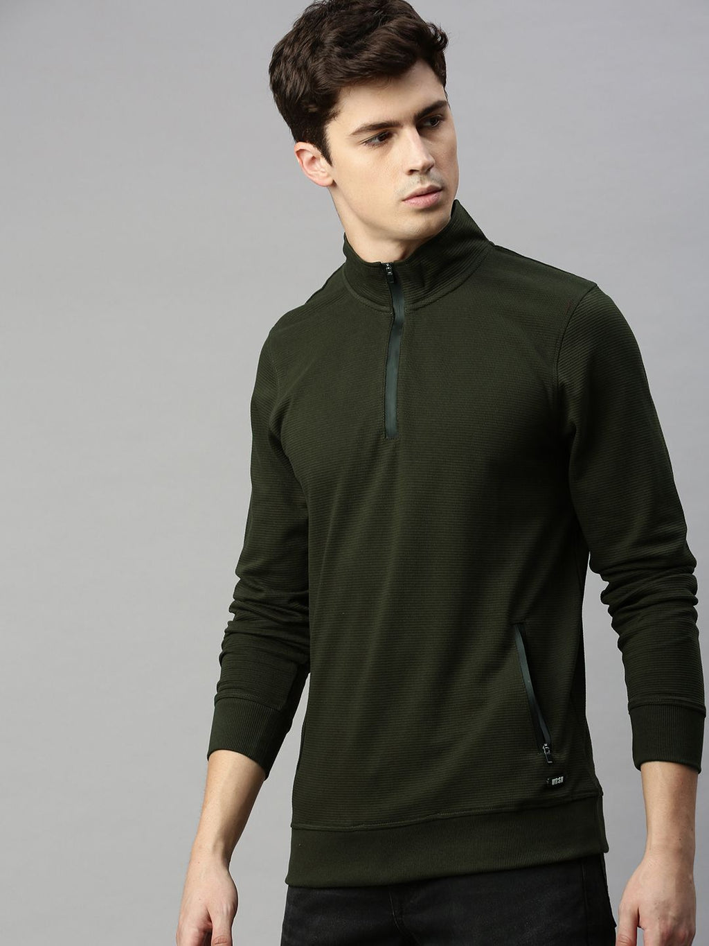  WROGN Men Olive Green Solid Slim Fit Sweatshirt