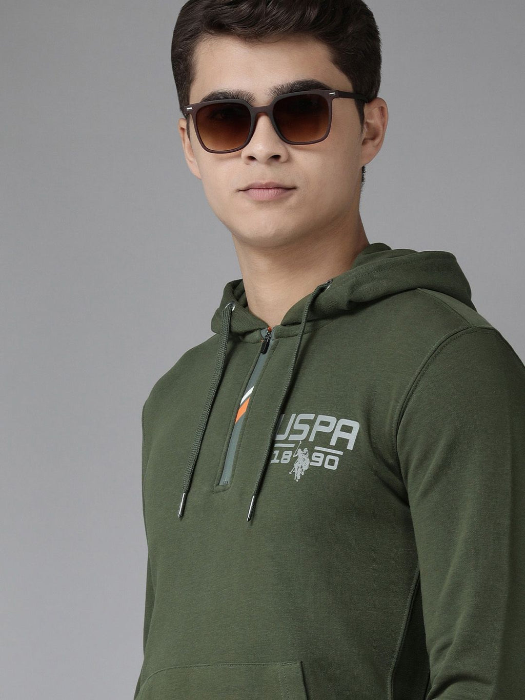  U S Polo Assn Denim Co Men Green Full Sleeve Front Half Open Hooded Sweatshirt