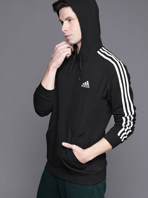  ADIDAS Men Black 3-Stripe FT Hooded Solid Sweatshirt