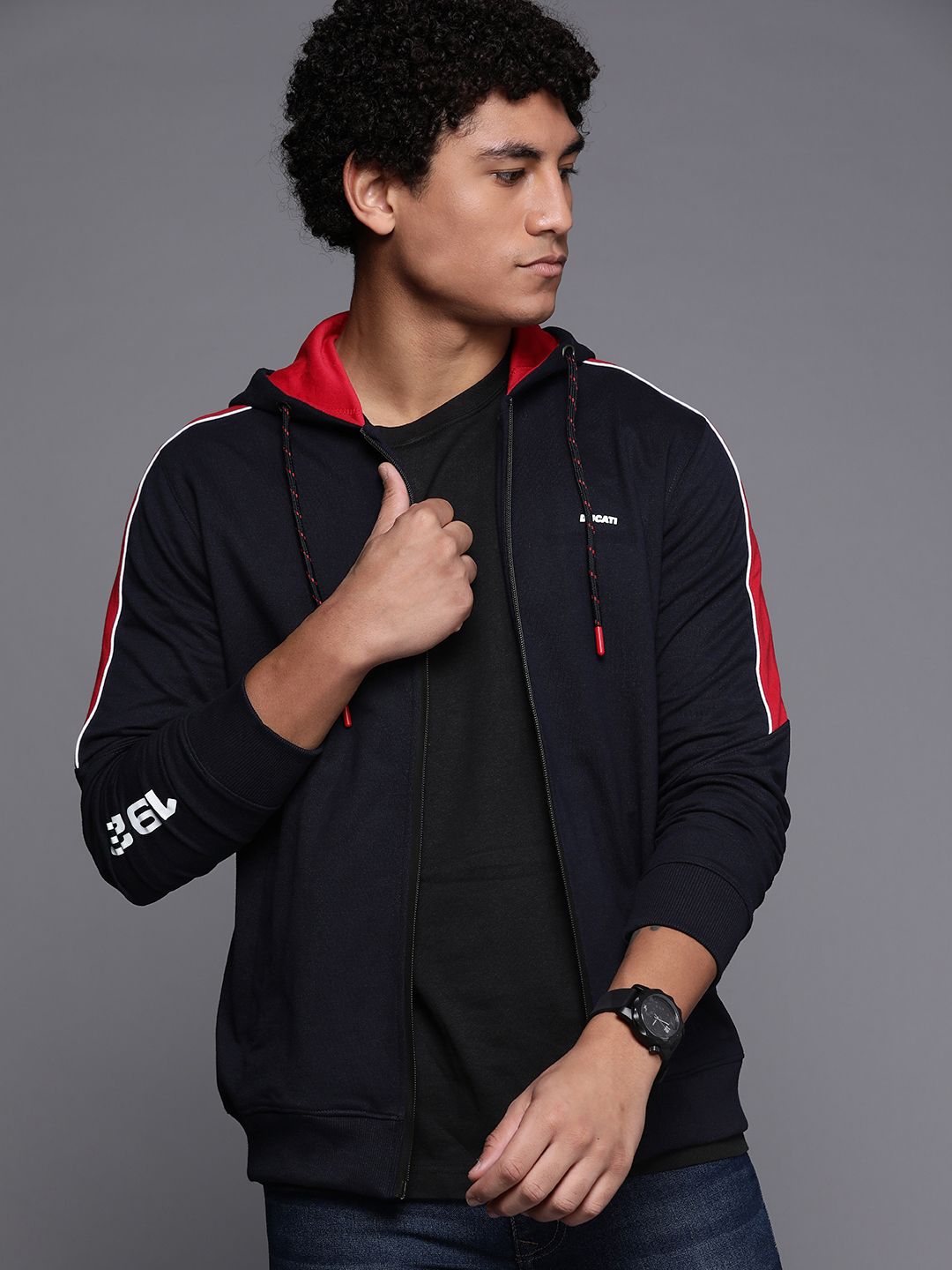  Ducati Men Navy Blue & Red Printed Hooded Sweatshirt