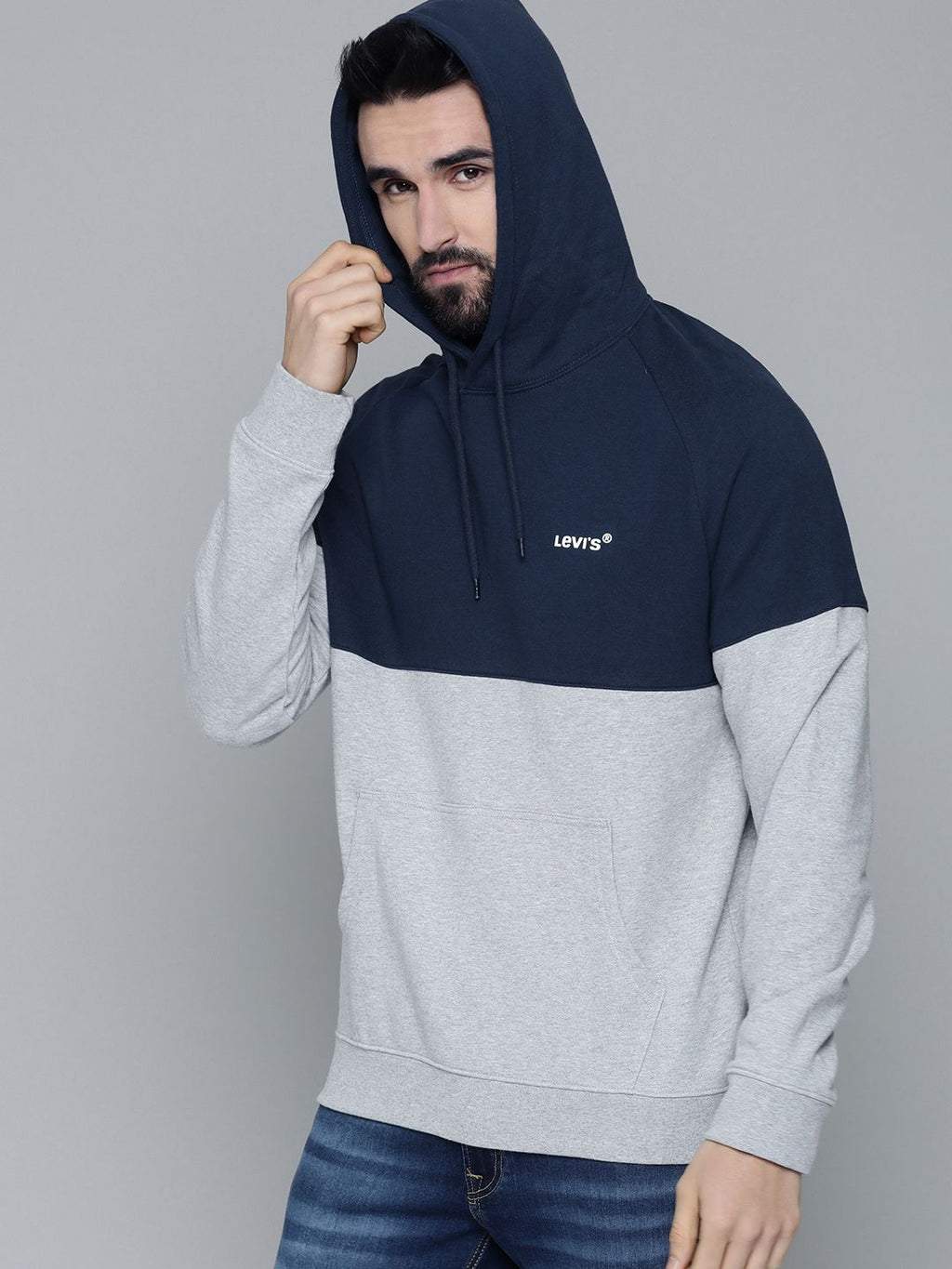  Levis Men Grey & Blue Colourblocked Pure Cotton Hooded Sweatshirt