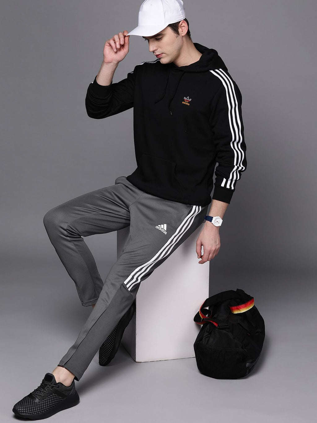  ADIDAS Men Grey Three-Striped Slim Tapered Track Pants