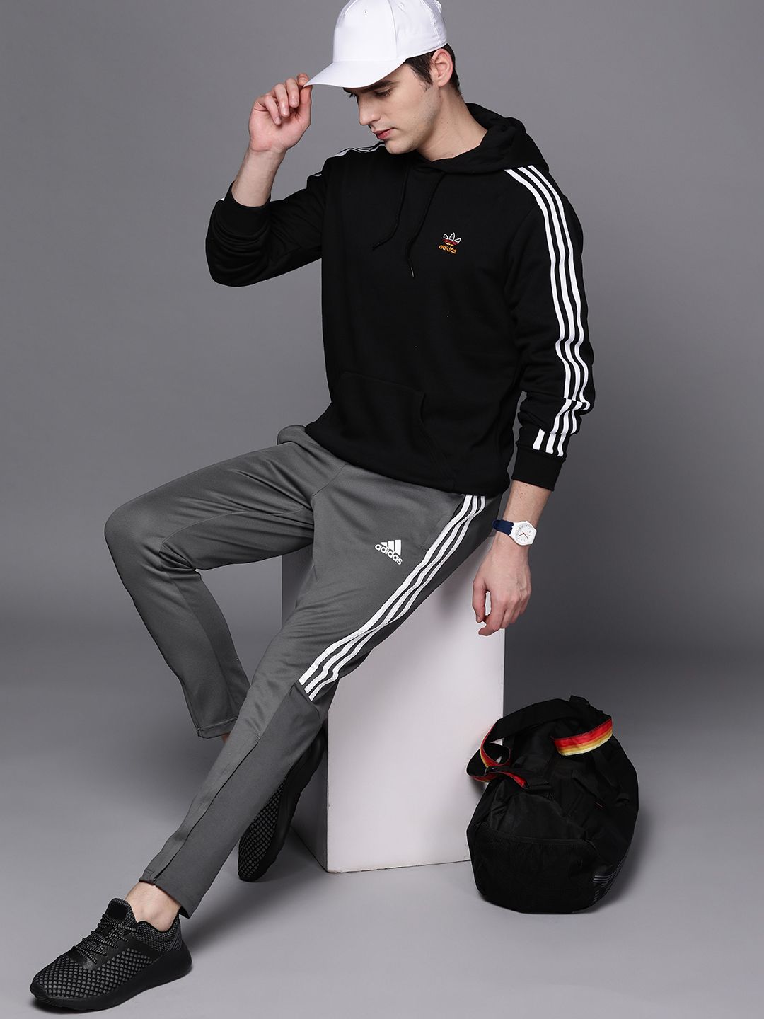  ADIDAS Men Grey Three-Striped Slim Tapered Track Pants