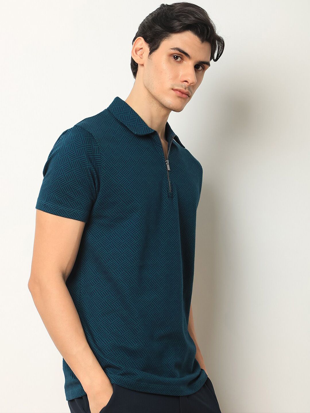  RARE RABBIT Geometric Printed Polo Collar Cotton Slim Fit T-shirt