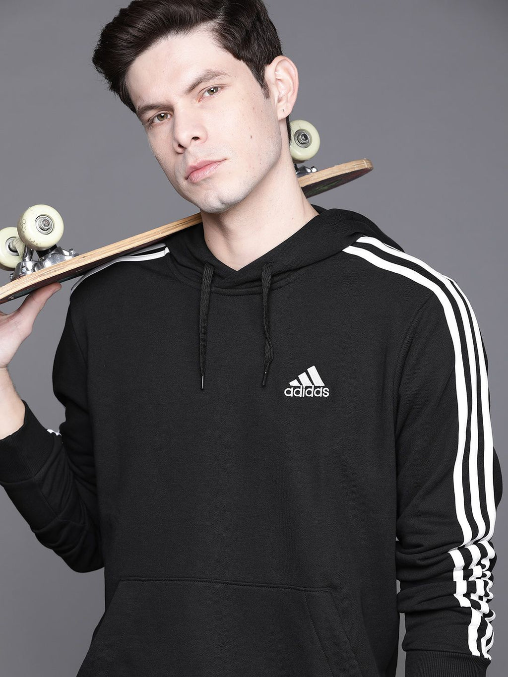  ADIDAS Men Black 3-Stripe FT Hooded Solid Sweatshirt