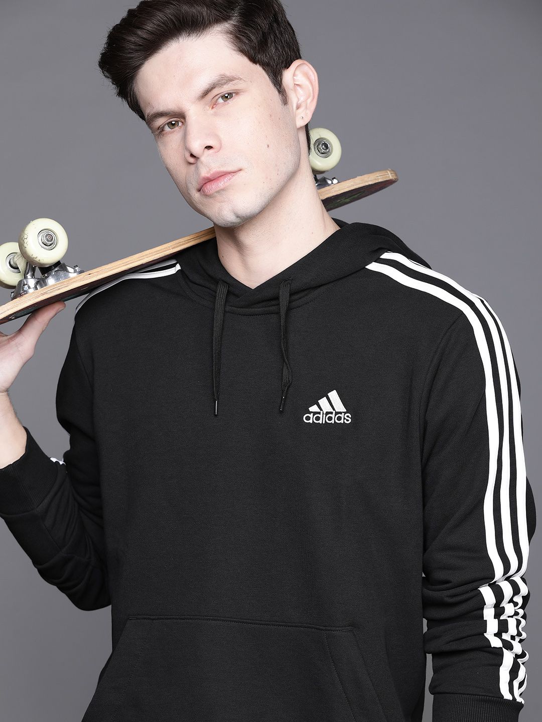  ADIDAS Men Black 3-Stripe FT Hooded Solid Sweatshirt