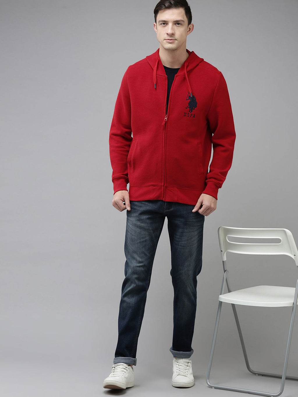  U.S. Polo Assn. Men Red Brand Logo Embroidered Hooded Sweatshirt