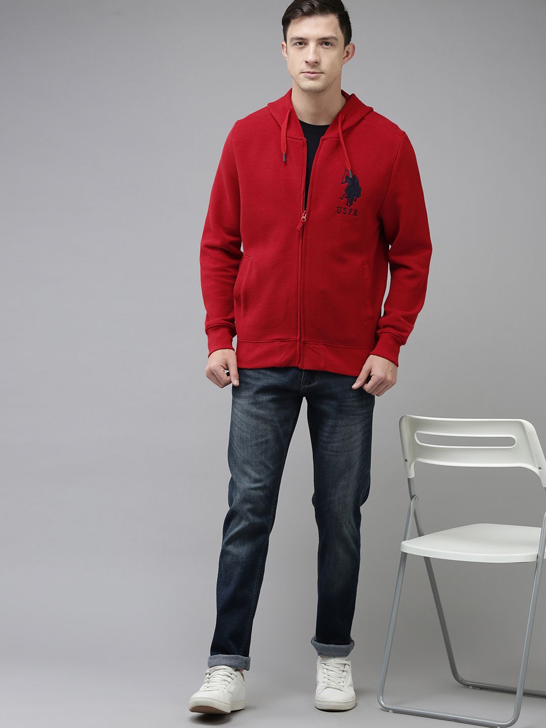  U.S. Polo Assn. Men Red Brand Logo Embroidered Hooded Sweatshirt
