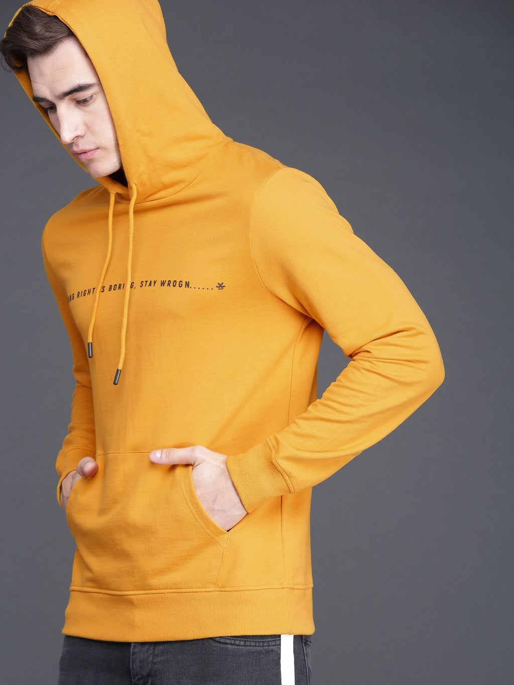  WROGN Men Mustard Yellow Slim Fit Solid Hooded Sweatshirt