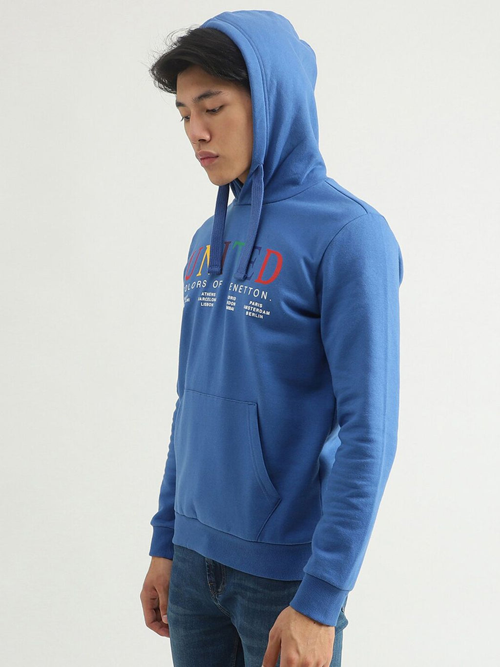  United Colors Of Benetton Men Blue Printed Hooded Sweatshirt