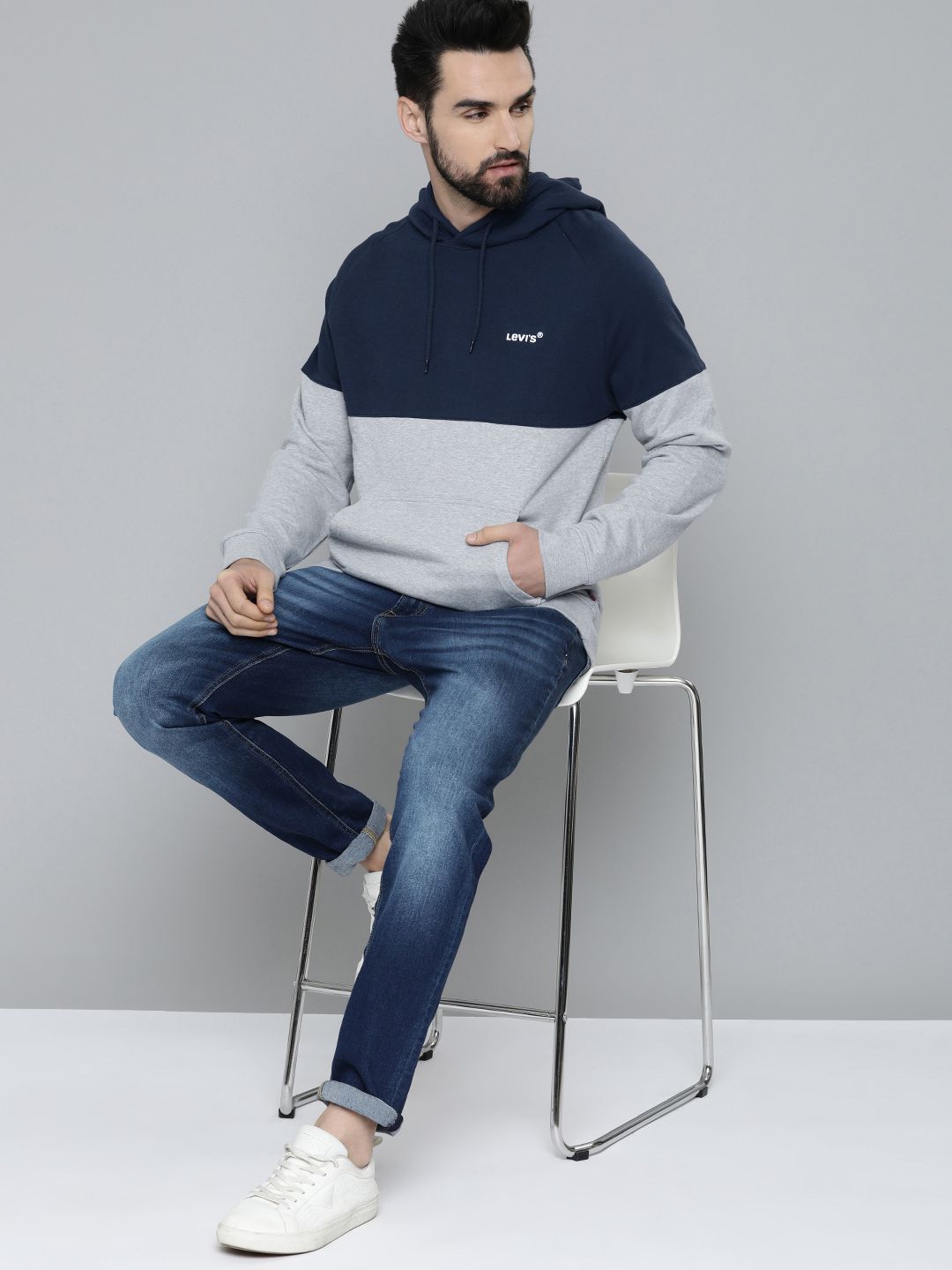  Levis Men Grey & Blue Colourblocked Pure Cotton Hooded Sweatshirt