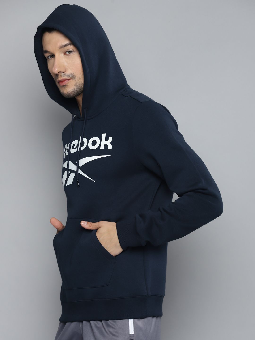  Reebok Men Navy Blue Brand Logo Print FLC OTH Hooded Sweatshirt