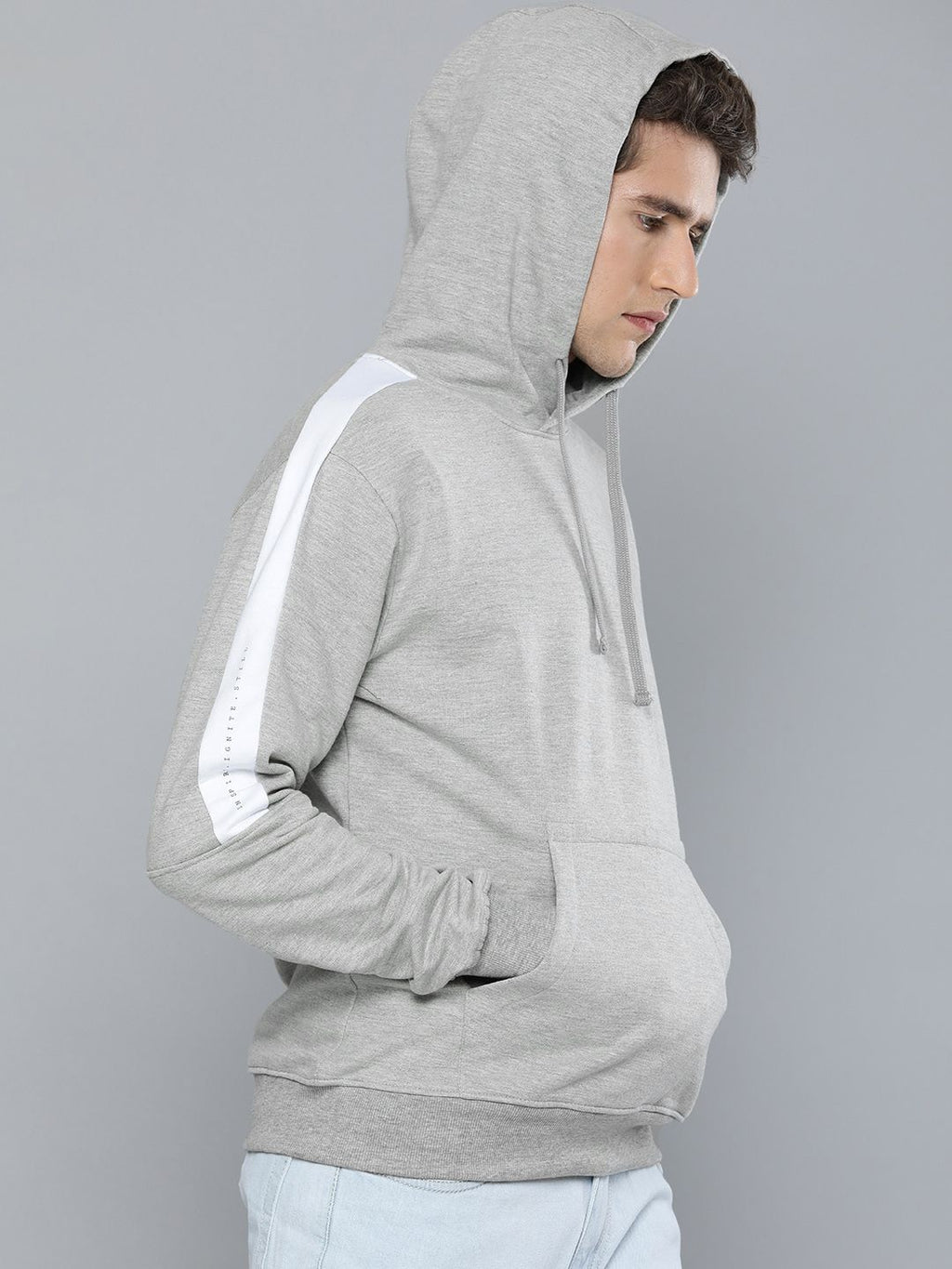  Ether Men Grey Solid Hooded Sweatshirt With Lined Detailed Sleeved