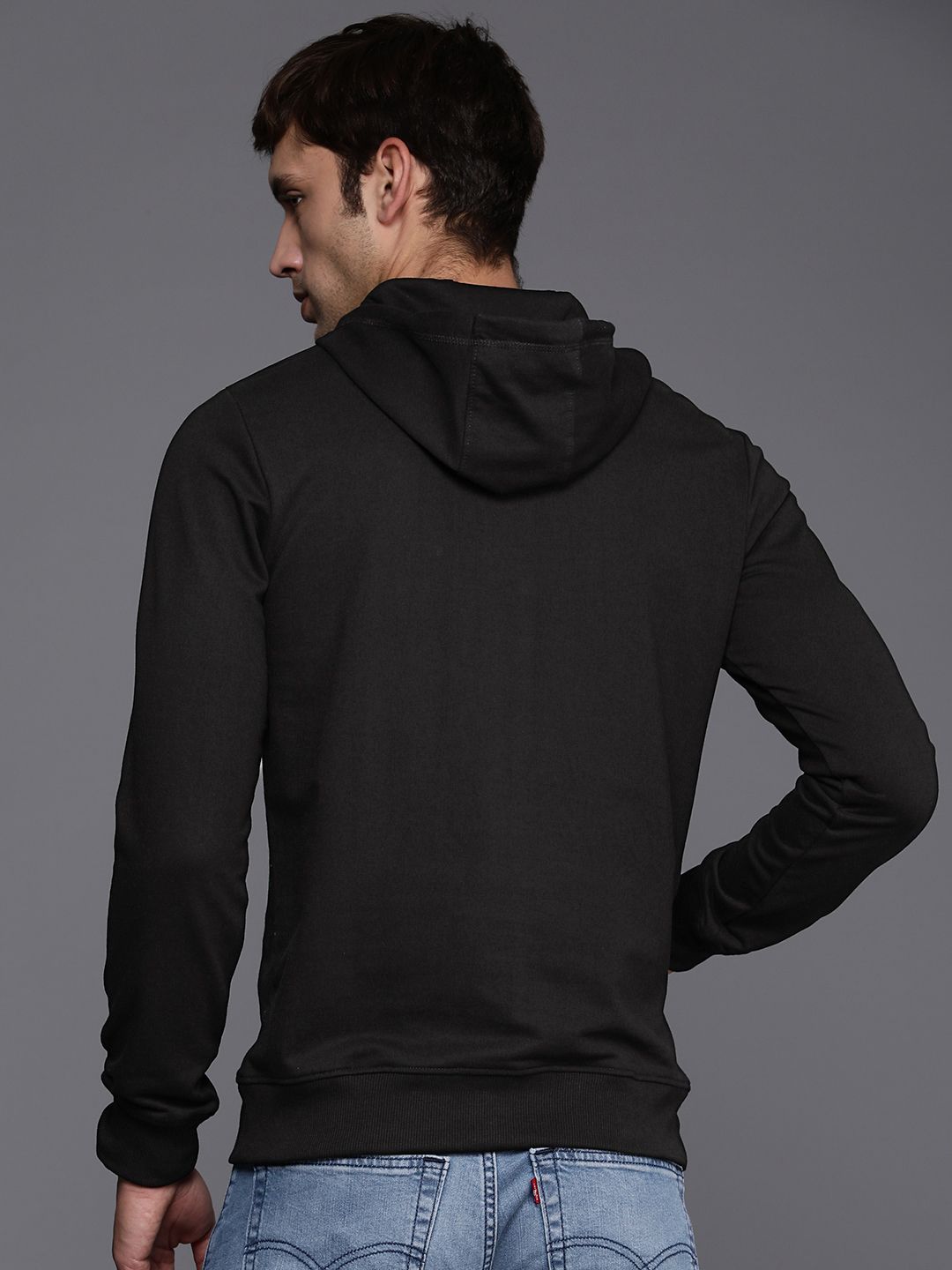  WROGN Men Black Printed Hooded Sweatshirt