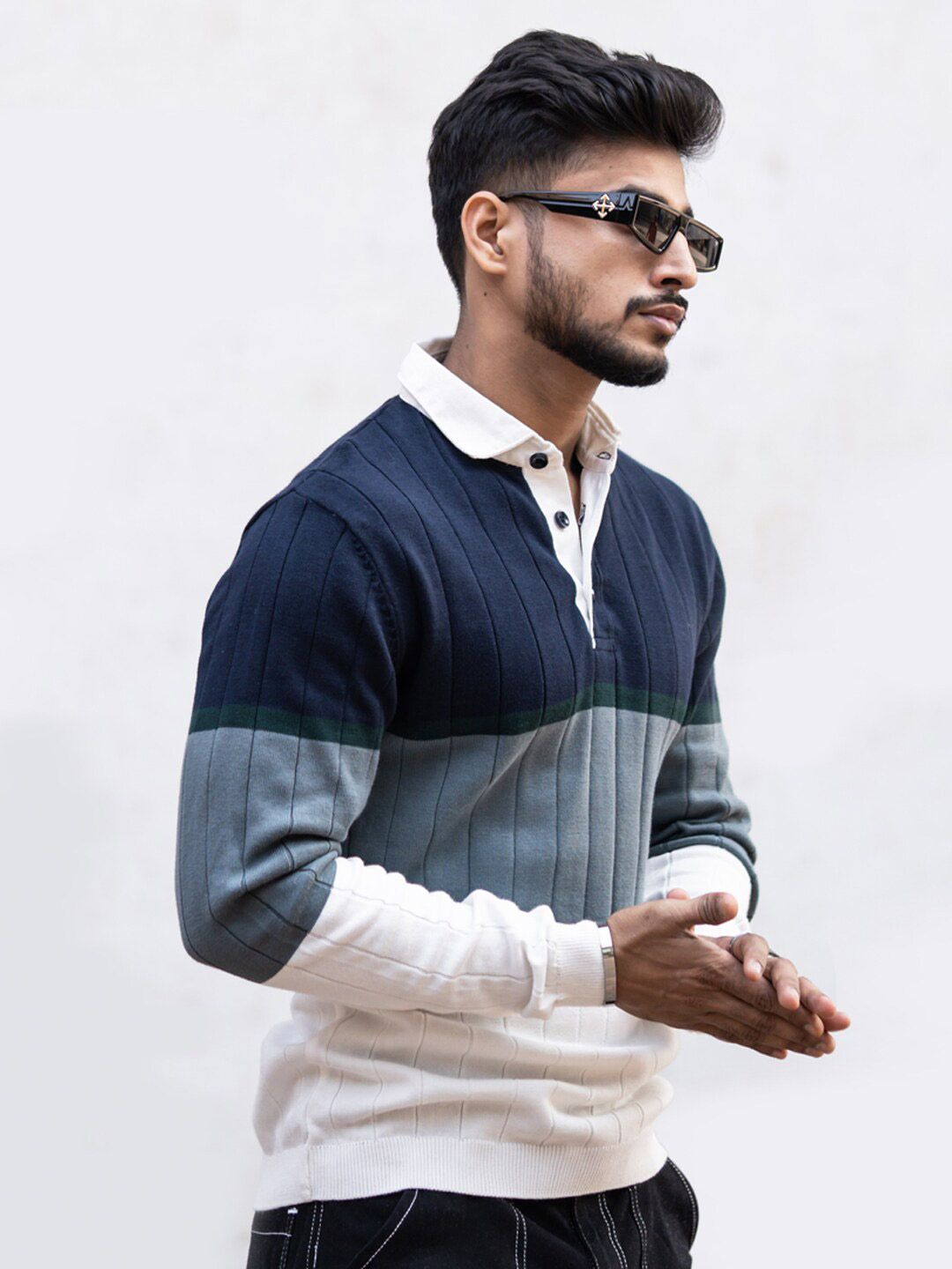  Powerlook Colourblocked Shirt Collar Ribbed Sweatshirt