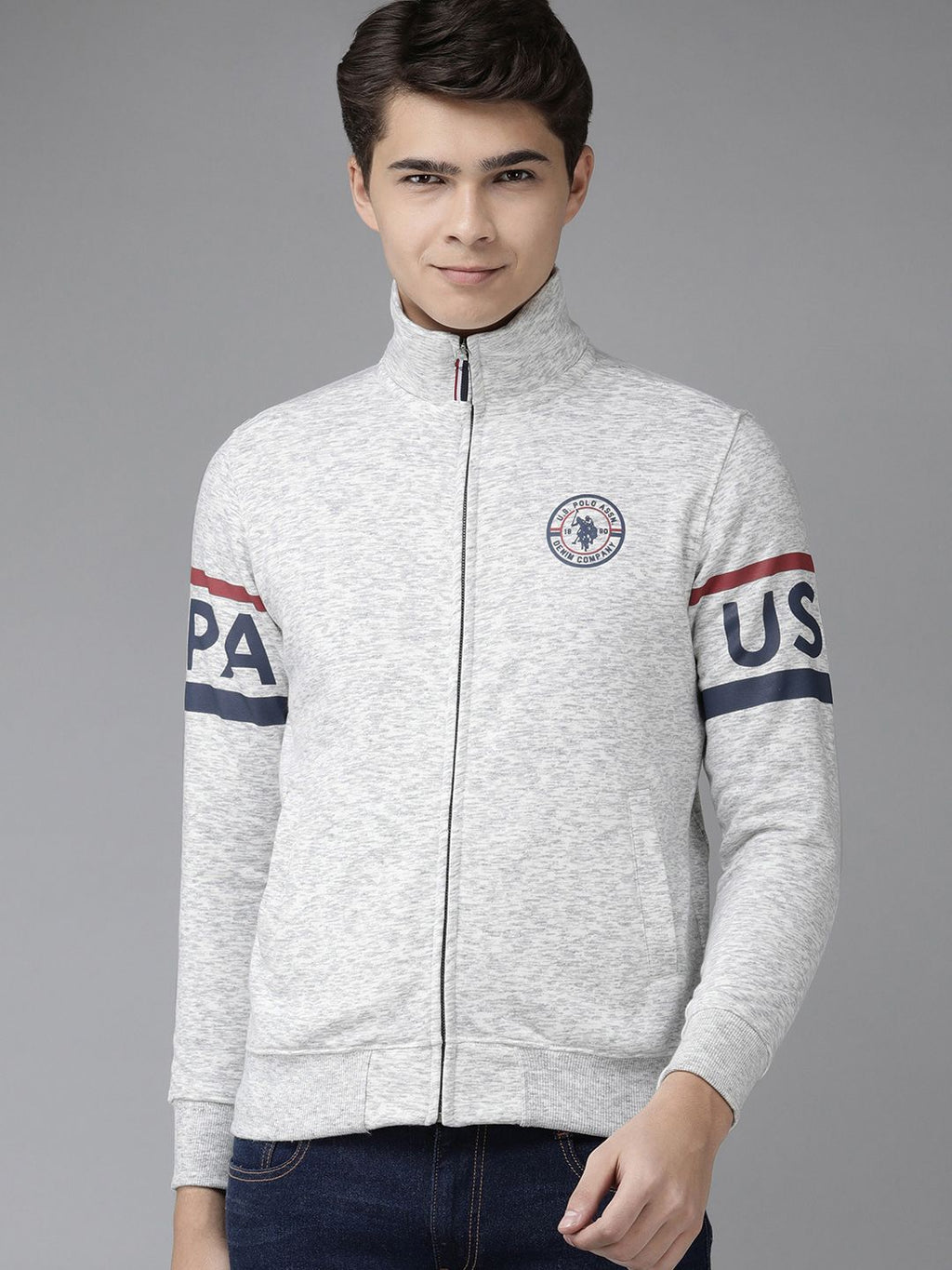  U S Polo Assn Denim Co Men Grey Full Sleeve Front Open High Neck Sweatshirt
