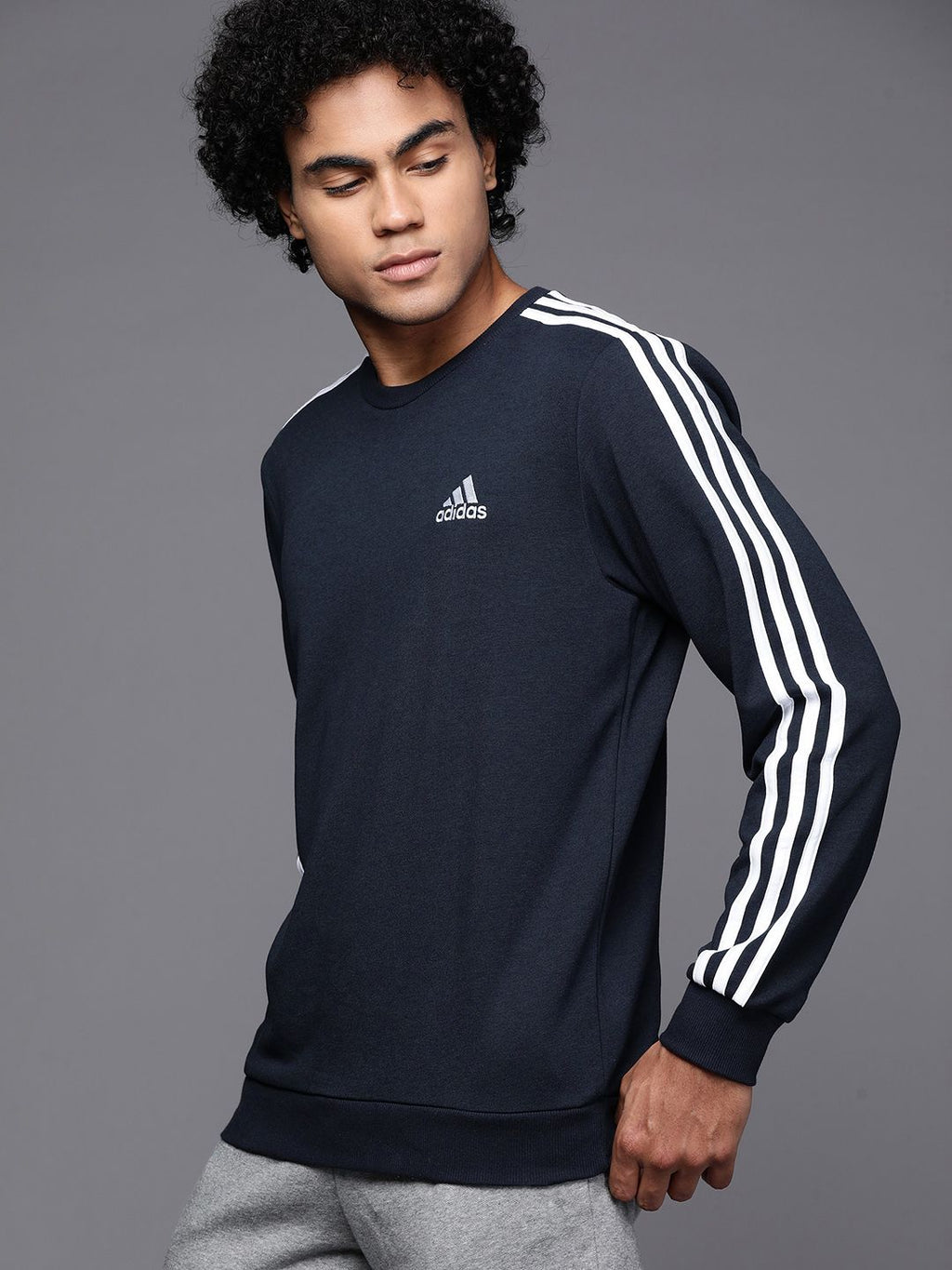  ADIDAS Men Navy Blue 3-Striped FT Sweatshirt