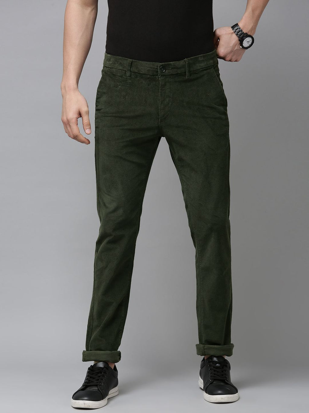  U.S. Polo Assn. Men Olive Green Slim Fit Corduroy Trousers