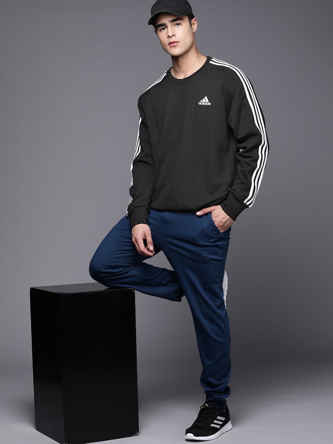  ADIDAS Men Essentials French Terry Pure Cotton 3-Striped Sweatshirt
