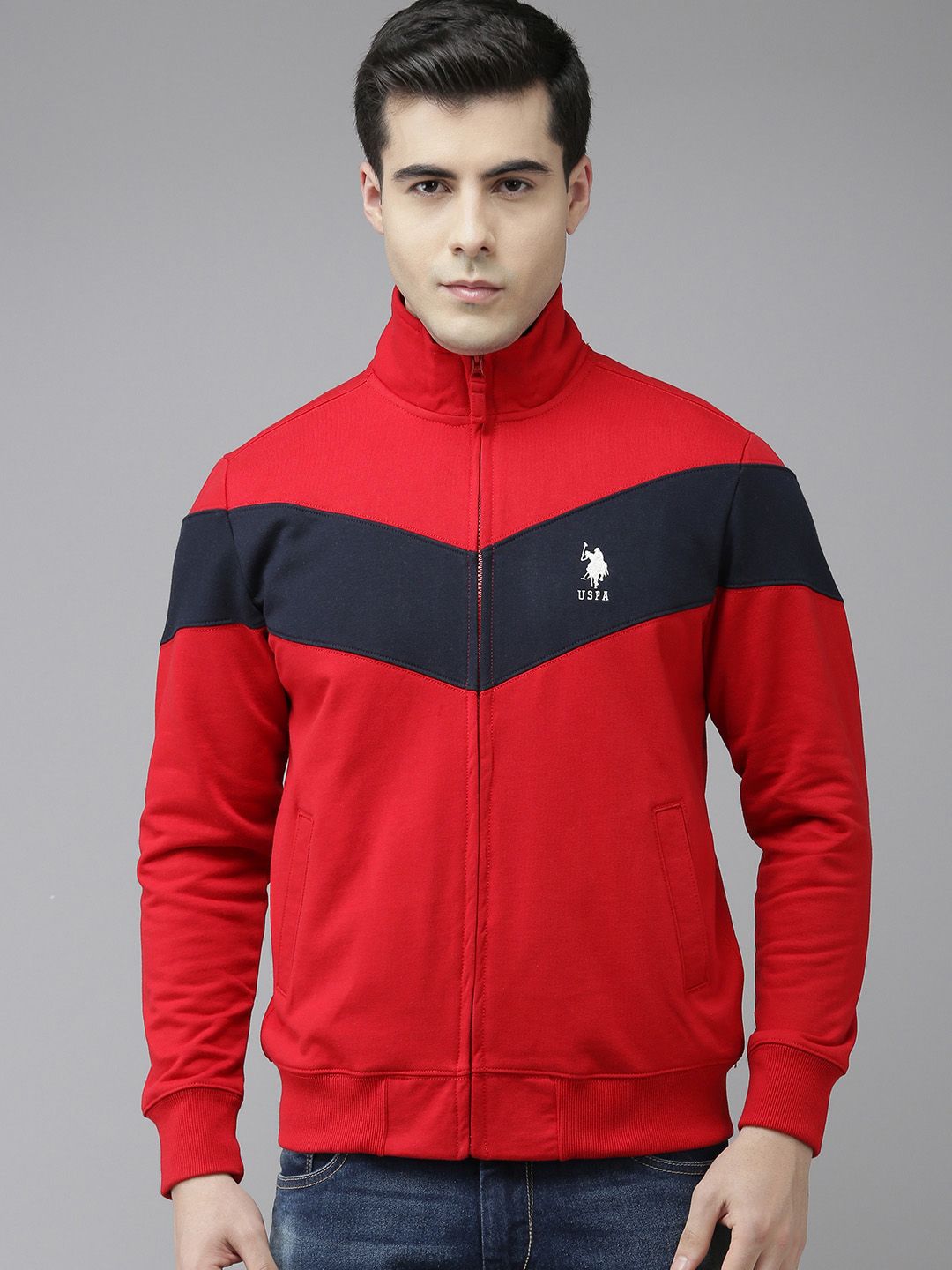 U.S. Polo Assn. U S Polo Assn Men Red & Navy Blue Colourblocked Long Sleeves Sweatshirt