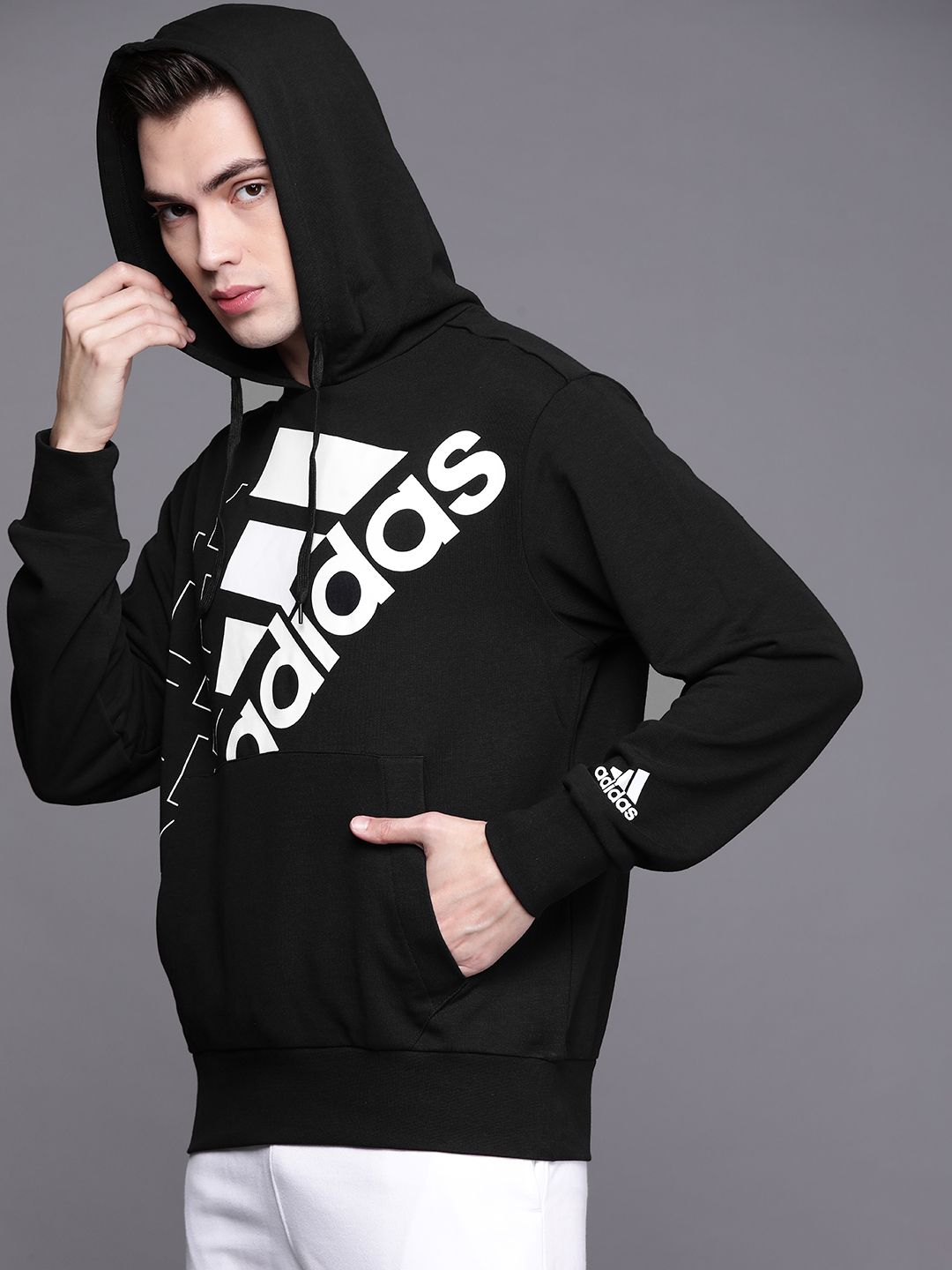  ADIDAS Men Black & White UniteFit Q3 BLUV Brand Logo Print Hooded Sweatshirt