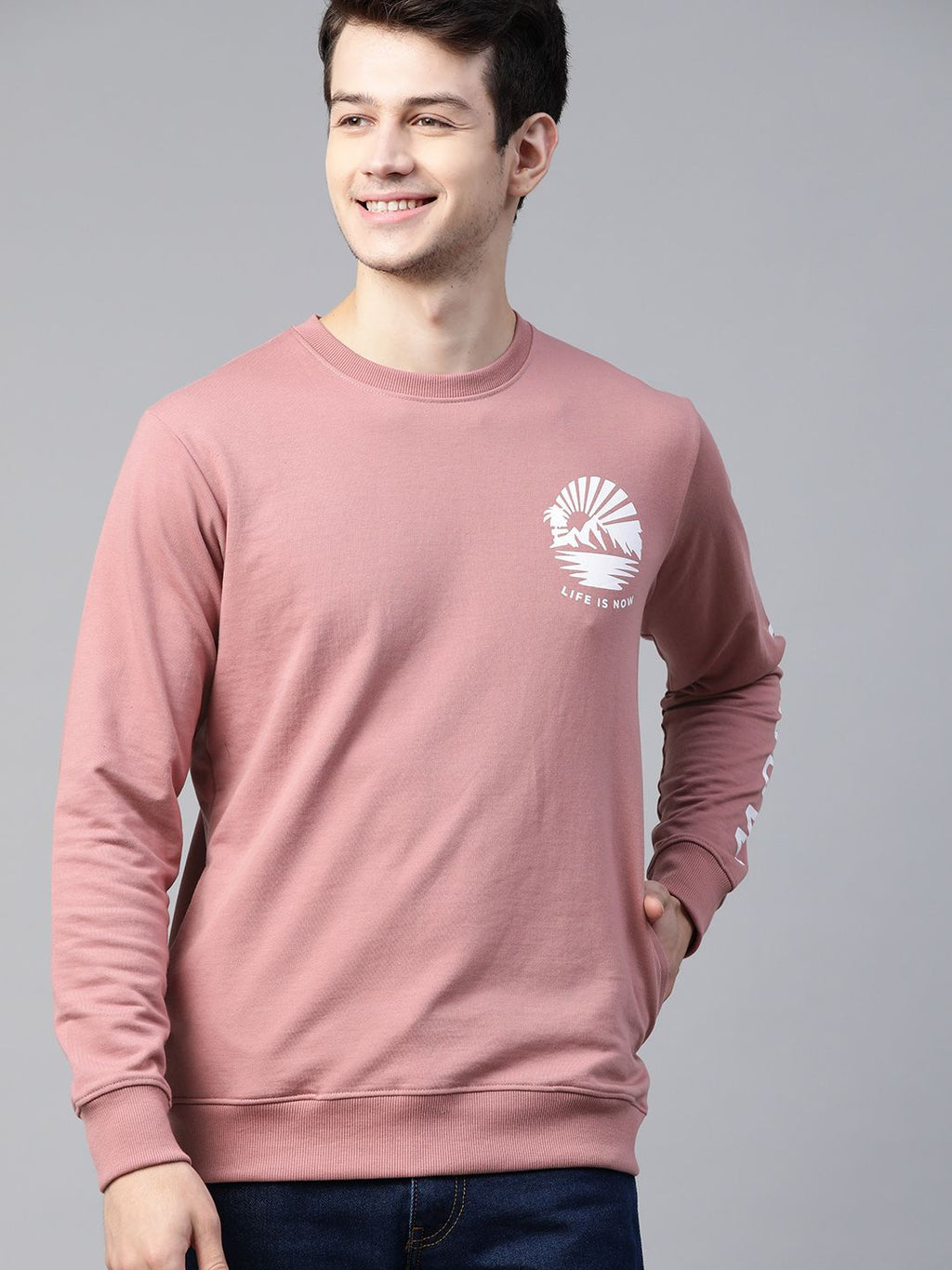  Mast & Harbour Men Peach-Coloured Handcrafted Sweatshirt